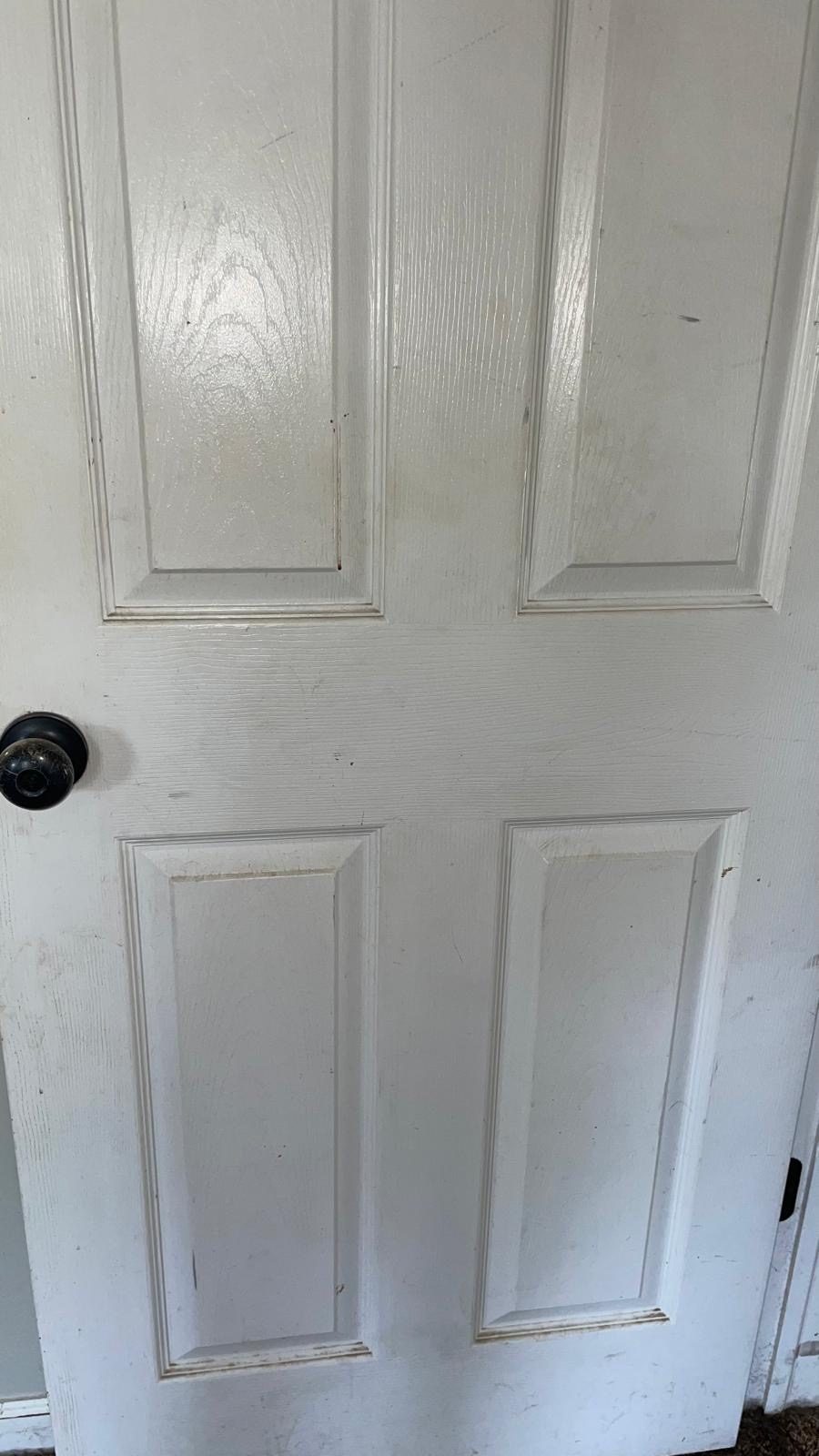 A white panelled interior door with scuff marks and grime along the panels.