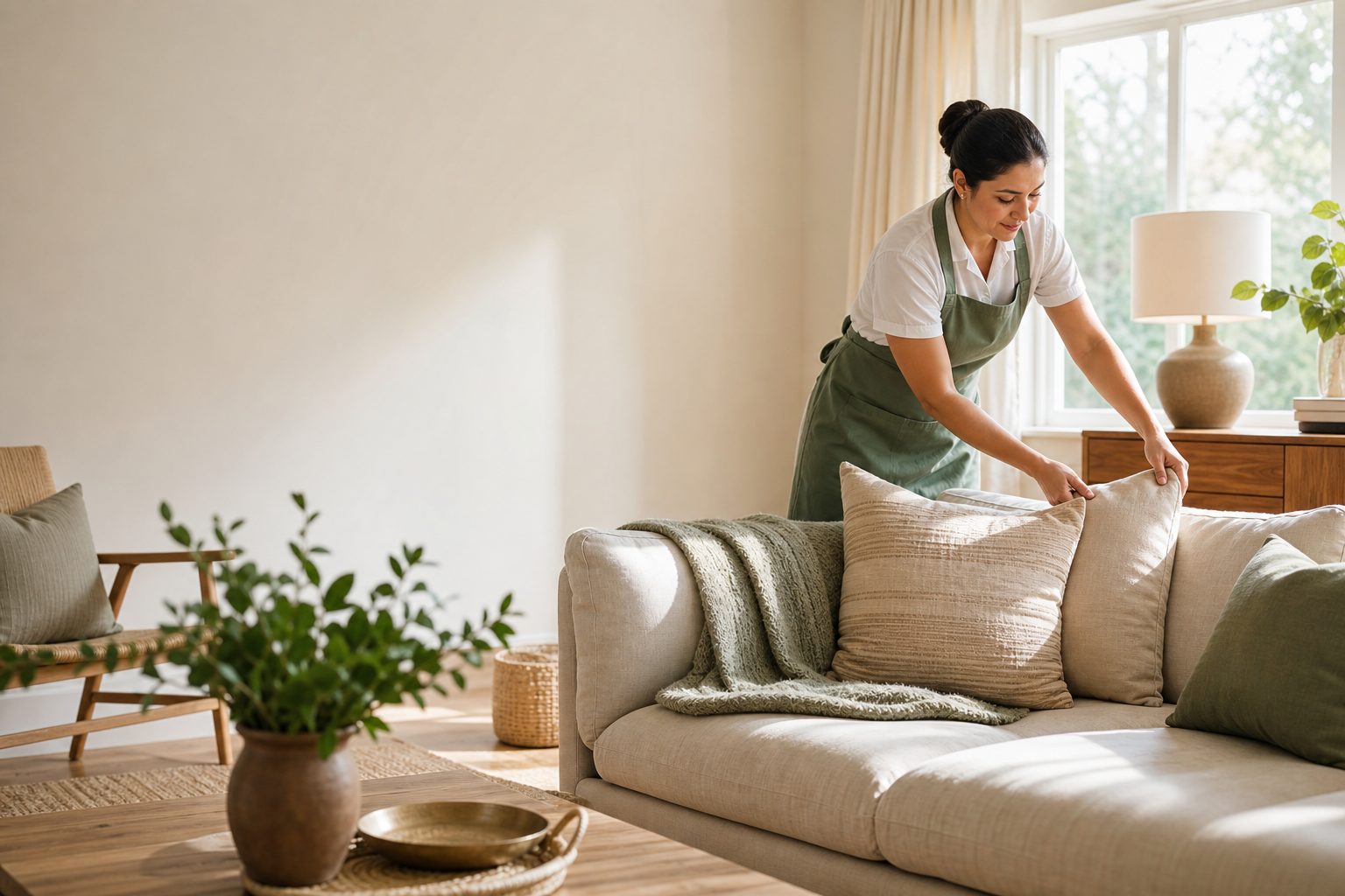 A cleaning professional smoothing the cushions on a sofa in a bright, tidy living room